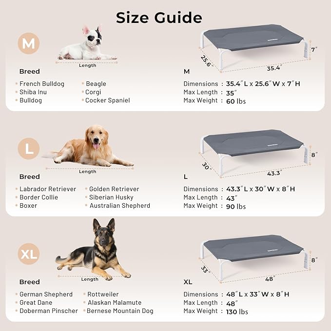 ZOMISlA Large Elevated Dog Bed Tool-Free Assembly, Folding Raised Dog Cot | Outdoor Raised Dog Bed with Waterproof Teslin Mesh, Cooling Portable Pet Hammock for Camping, For Dogs up to 90 lbs, Non Slip