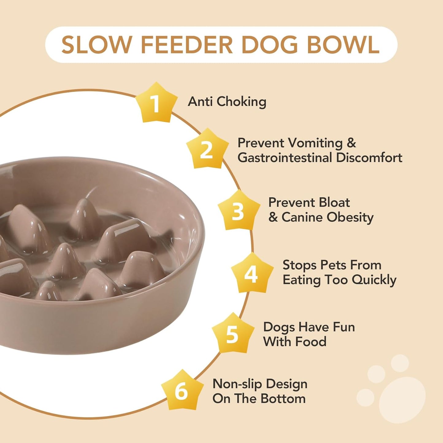 Ceramic Raised Slow Feeder Dog Bowl Set, Elevated 5.1inch Bowl and 6.1inch Slow Pet Food Dish with Wooden Stand for Small Dog and Cat (2 x Brown Coffee+ Stand)