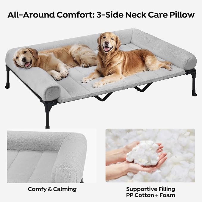 Veehoo Elevated Dog Beds Large Sized Dog with Fluffy Plush Bolster Cushion | Orthopedic Raised Dog Beds for Indoor Outdoor, Soft Pet Sofa Cot with Removable Washable Mat, No-Slip Feet, 59" x 37", Grey
