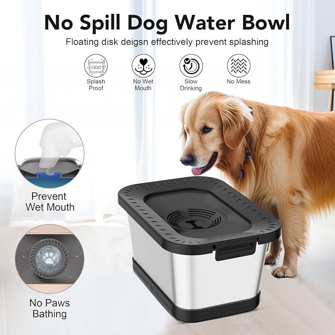 Decflow 7L Stainless Steel Dog Water Bowl, No Spill Anti-Splash Dog Bowls with Anti-Skid Mat, Spill-Proof Slow Feeder for Messy Drinkers, Heavy Duty Pet Bowls for Indoor/Outdoor Use Black