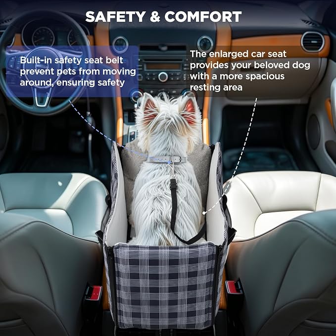 Center Console Dog Car Seat for Small Dogs-Washable Plaid Oxford Pet Booster Seat,Anti-Collapse Design with Soft Plush & Sturdy Support Board,Adjustable Safety Leash for Small Dogs & Cats up to 15 lbs