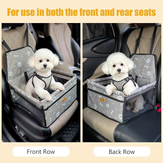 Pet Dog Booster Seat, Upgrading the Framed wall to Prevent Collapse，Breathable and Foldable Pet Car Basket，Removable andWashable pet car seat (Grey Footprints)