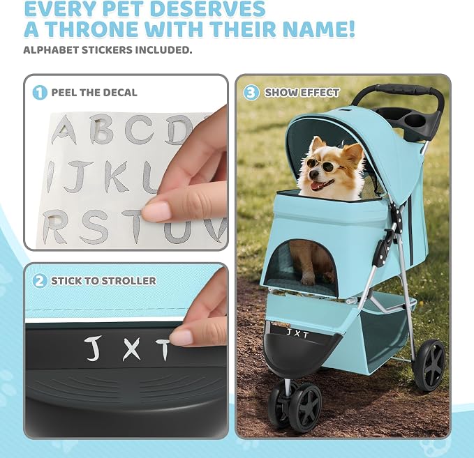 Magshion 3-Wheel Pet Stroller, Foldable Travel Jogger for Small & Medium Dogs & Cats (Up to 33lbs), Lightweight Carrier with Breathable Mesh Cover, Cup Holder & Storage Basket, Mint Green