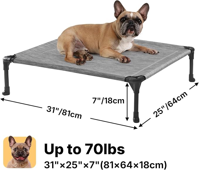 Veehoo Outdoor Elevated Dog Bed for Medium Dogs, Cooling Raised Dog Cots | Off-ground training platform, portable camping hammock, breathable mesh, easy to clean, no-tool setup, 32"x25", Black Silver
