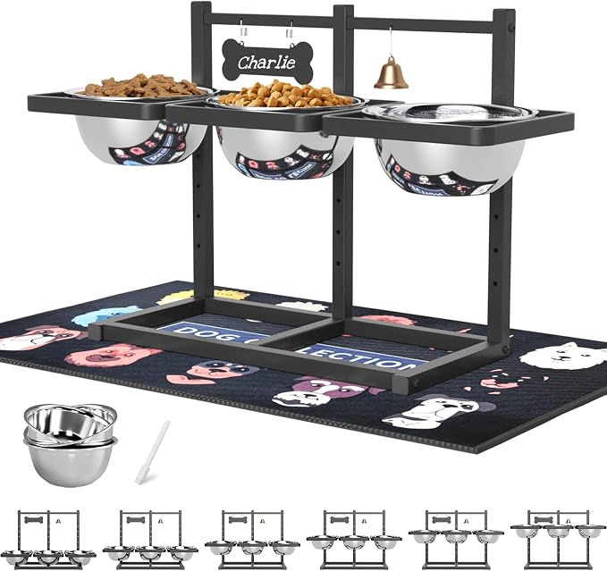 SHAINFUN Elevated Dog Bowls Stand for Medium/Large Dogs with Mat, 6 Height Adjustable Raised Dog Bowl, Three 58oz Food Water Bowls