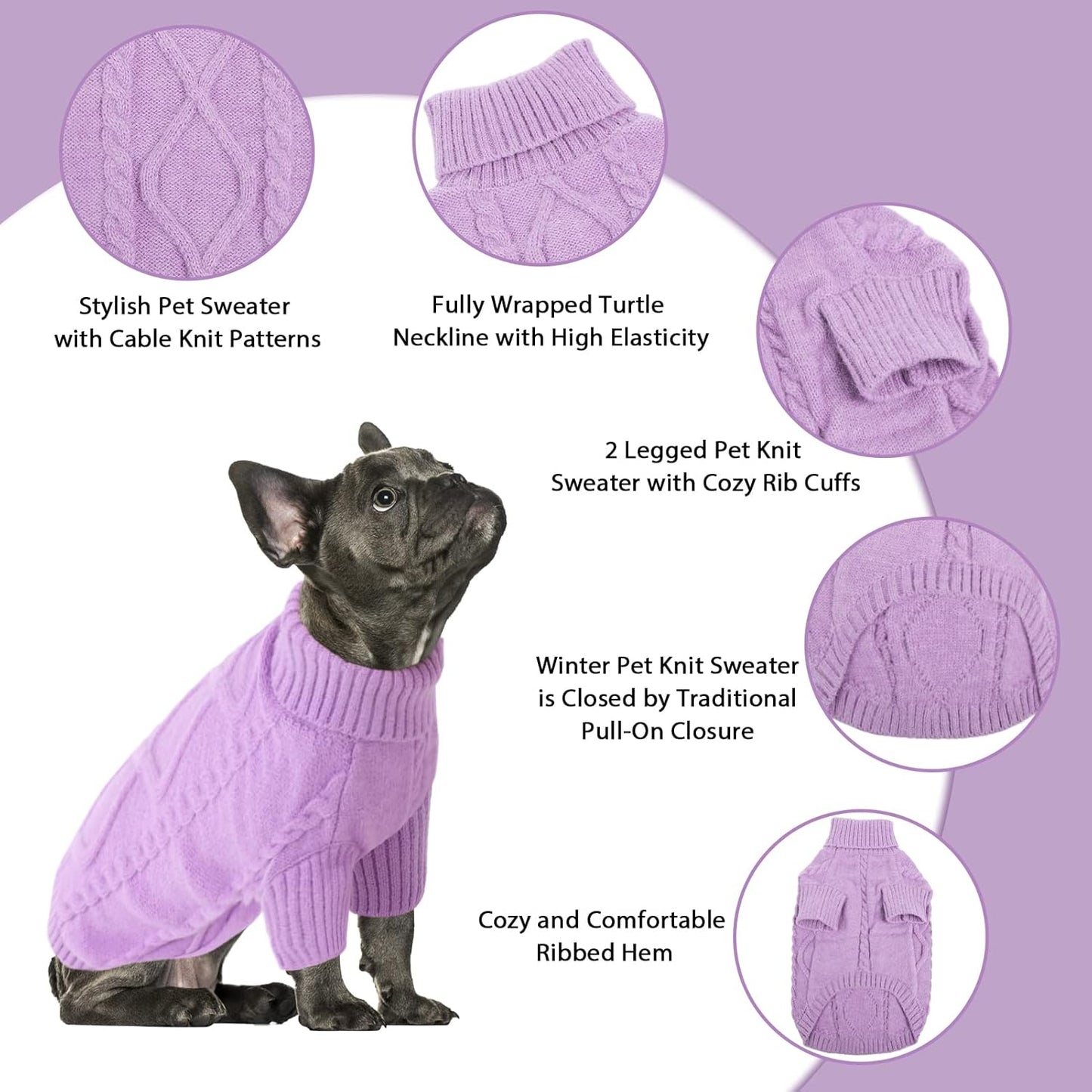 Queenmore Small Dog Pullover Sweater, Cold Weather Cable Knitwear, Classic Turtleneck Thick Warm Clothes for Chihuahua, Bulldog, Dachshund, Pug (Lilac, Large)