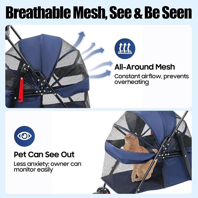 Pet Stroller for Small Medium Dogs Cats, Lightweight Foldable Pet Wagon with 360° Front Wheels & Brake, 40 lbs Capacity Carrier for Park Travel Shopping, Breathable Mesh Basket (Navy Blue)