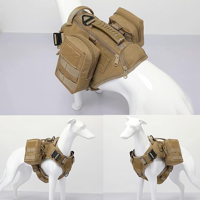 Tactical Dog Backpack Harness for Large Breed Original Design Metal Buckle Vest with Side Bags Pouches for Service Working Training (Khaki (with 2 Pouches), XL)