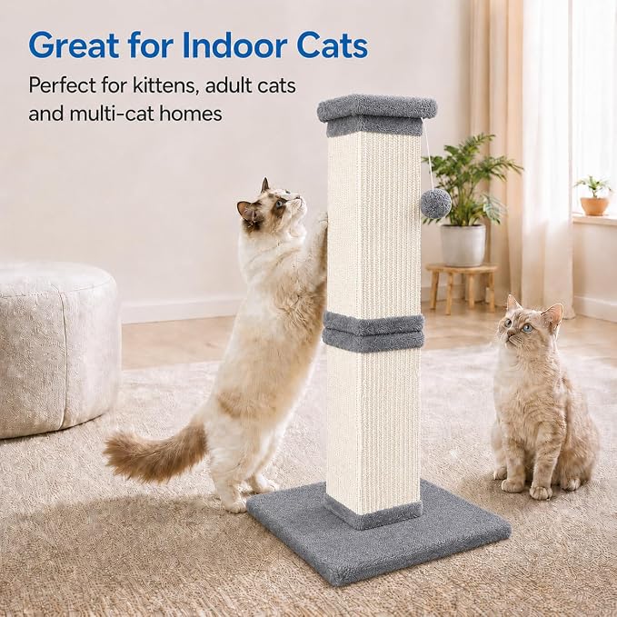 Vertical Cat Scratching Post for Indoor Cats, Sisal Scratch Tower with Soft Plush Base & Ball, 32'' Tall Cat Scratcher Column for Kittens and Adult Cats, Furniture Protection, Light Grey