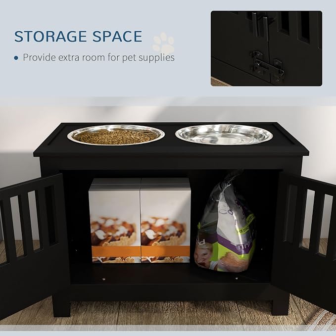 PawHut Large Elevated Dog Bowls with Storage Cabinet - 37L Capacity, Raised Dog Bowl Stand Feeding Station, Black | Raised Dog Bowl Stand Pet Food Bowl Dog Feeding Station