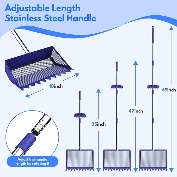 Chicken Poop Scooper Rake 2-in-1,304 Stainless Steel Shovel Head, Chicken Litter Scoop with Handle for Chicken Coop for Sand, Pet Waste Cleaning, Litter Sifting Shovel (35 to 65") (Blue, 10inch) | Chicken Poop Scooper