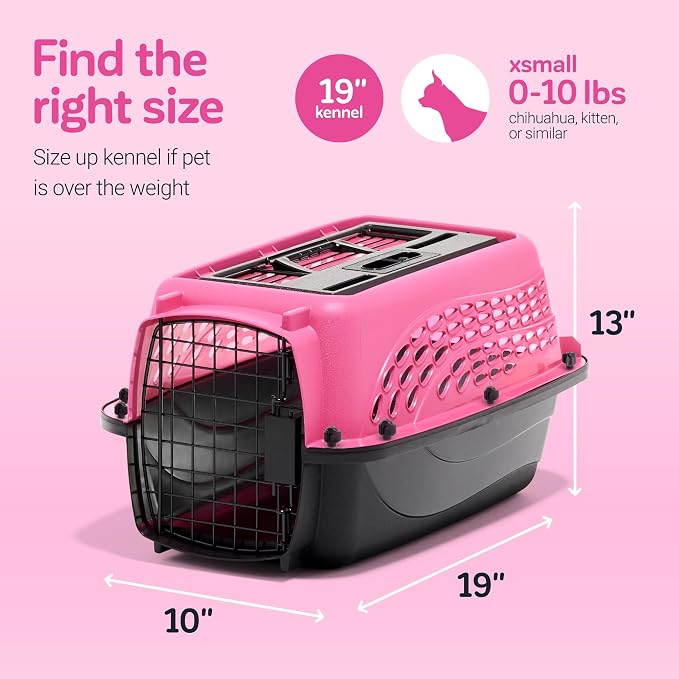 Petmate Dog Crates for Small Dogs & Cat Carriers, Two-Door Plastic Pet Kennel, Top & Front Loading, XS 19" For Dogs Up To 10 lb, Pink | Plastic pet kennel made in USA, for small pups and kittens, dual entry design, great for travel and vet trips, easy ...