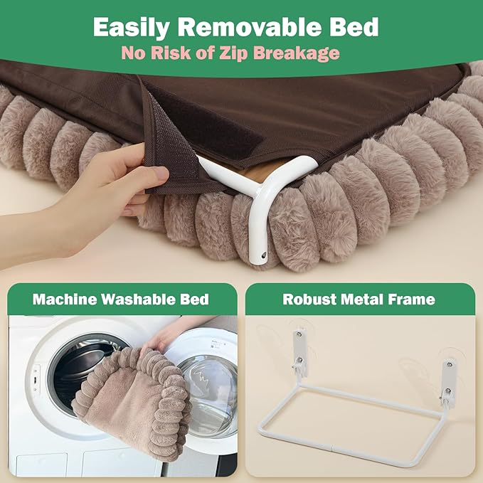 Zakkart SnugCloud Foldable Cat Window Perch - Cordless, Ultra Soft Machine Washable Bed with 4-Sided Bolster, Metal Frame - Window Hammock for Large Cats and Kittens (Brown, Medium)