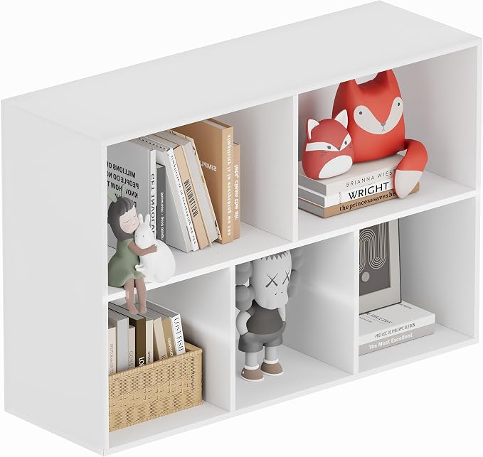 Book Shelf, Wooden Cube Storage Organizer with 11" Open Cubes, Stackable Modular Bookcase for Room Divider Storage, 2 Tier Bookshelf for Living Room, Bedroom, Office (White, 5-Cube)