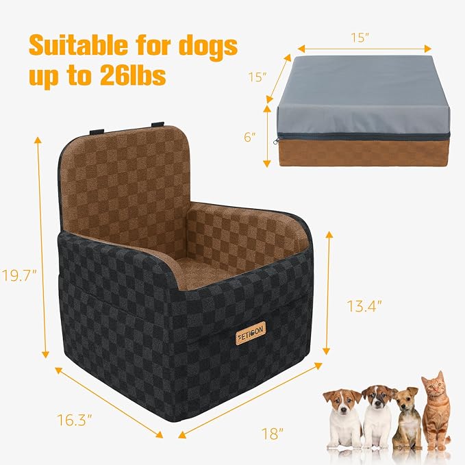 PETICON Waterproof Dog Car Seat for Small Medium Dogs, 6in Memory Foam | Pet Booster Seat for Dogs up to 26 lbs with Pockets, Detachable Washable Pet Carseat with Y-Shape Safety Belt