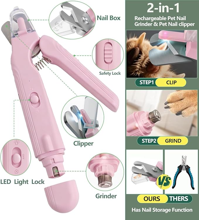 2-in-1 Dog Nail Clipper & Nail Grinder with 2 LED Lights Splash Guard for Large Medium Small Cats Dogs Pets Paw Trimmer Claw Grinders USB Rechargeable (Pink)