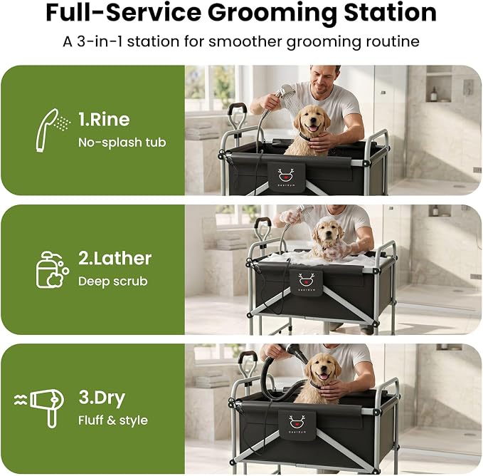 Foldable Dog Bath Cart for Dirty Outdoor Dogs,Adjustable Height pet Bath Cart for Small and Medium Dogs(5-55 lbs) and Cats,Four-Wheel Bathing Cart with Brake,No Need to Carry Your Muddy Pup Home