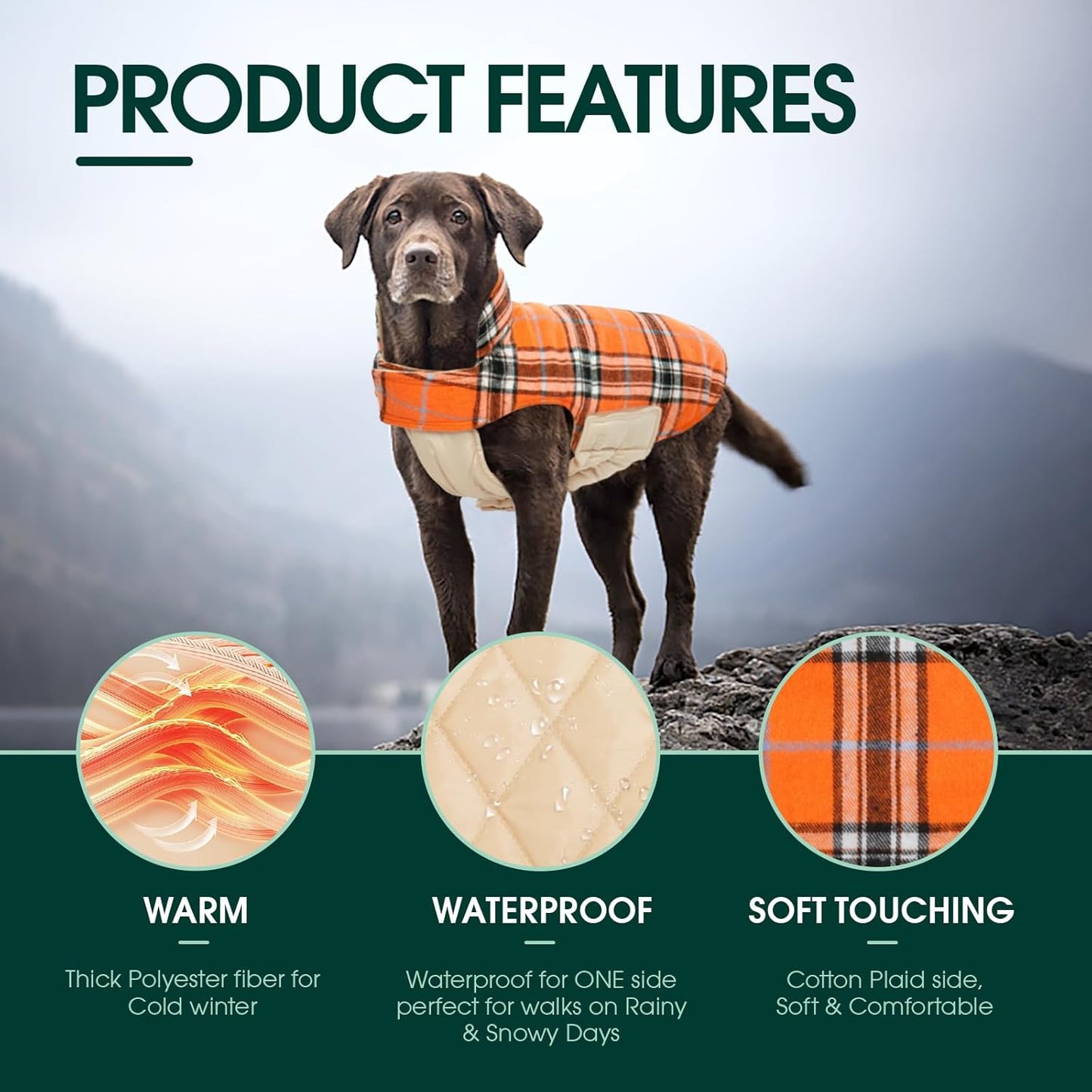 Kuoser Warm Dog Coat, Waterproof Dog Jacket for Extra Large Dogs, Adjustable Durable XXL Doggie Winter Coat Reversible Puppy Cold Weather Apparel from Small to Large Breed, Orange XXL