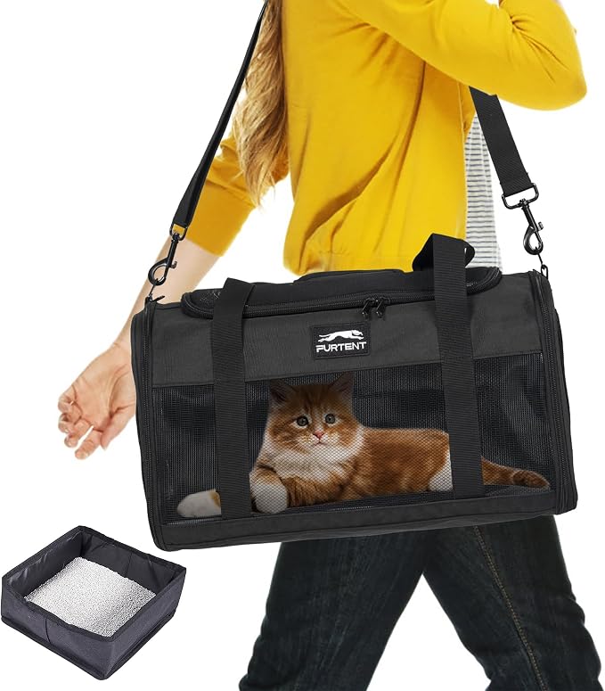 Pet Carrier Airline Approved, Soft Sided Cat Carrier for Small Pets up to 13 lbs, TSA Approved Dog Travel Bag, Portable Soft Sided Pet Carrier for Kittens and Puppies (Black, Travel Litter Box)