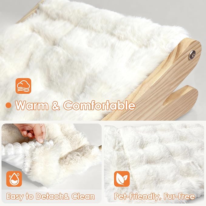 Plush Elevated Cat Bed - Cozy Raised Cat Hammock with Solid Wood Frame, Soft Furry Cushion for Indoor Cats & Small Dogs, Multi-Color Options(White)