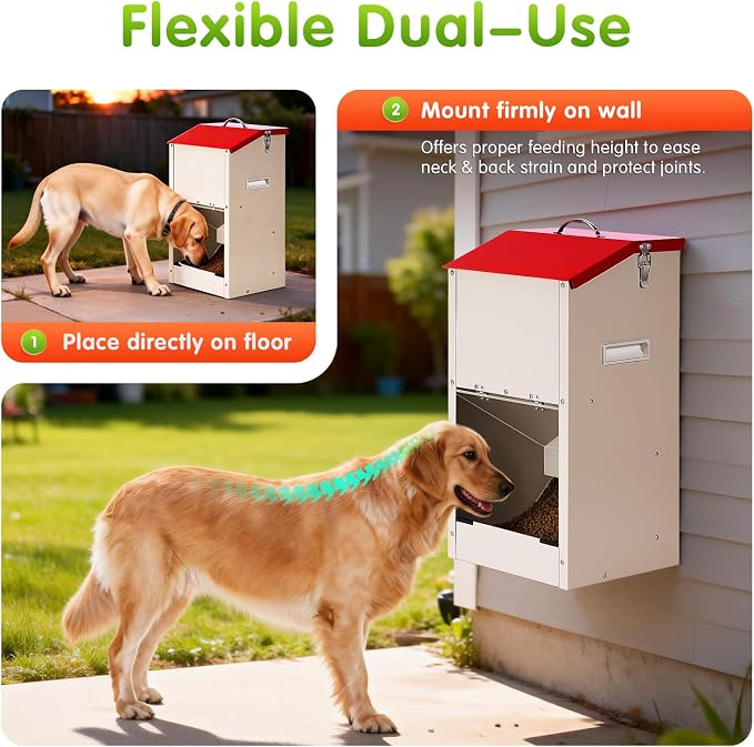 25 Lbs Automatic Dog Feeder for Large Dogs, Dog Food Dispenser | Galvanized Gravity Pet Feeder with Lockable Clear Gravity Door, Ideal for Dogs & Cats, Indoor and Outdoor Use, Wall Mountable