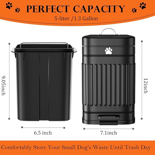 Dog Poop Trash Can Outside - 5L/1.3Gal Small Trash Can with Lid, Black | Outdoor Dog Poop Trash Can with 40 Bags, Pedal, Removable Inner Bin, Metal Dog Waste Trash Can with Soft Close, Odor Control