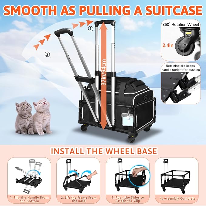 Petskd Top-Expandable Small Pet Carrier with Wheels (17" L x 11" W x 9.5" H), Alaska Airlines Approved, Rolling Pet Carrier for Small Dogs & Cats (Black)