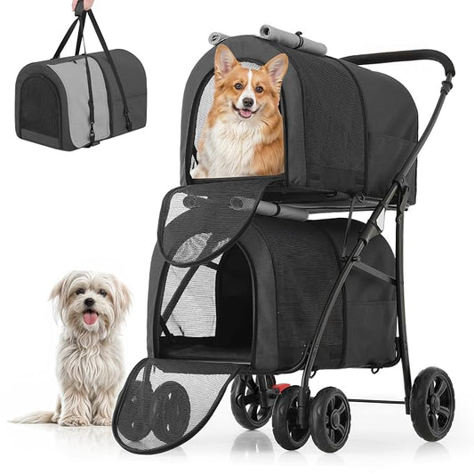 MoNiBloom Double Dog Stroller for Small and Medium Dog Cats, Black/Gray | Pet Stroller with Detachable Carrier Bags Large 4 Wheels Foldable Jogger for Small and Medium Dog Cats