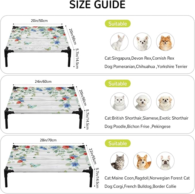 Outdoor Elevated Dog Bed for Medium Dogs, Independence Day Breathable Cooling Raised Dog Cot for Indoor/Outdoor, Eucalyptus Leaves Floral Wooden Plank Waterproof Elevated Pet Beds, M 24 x 20 in