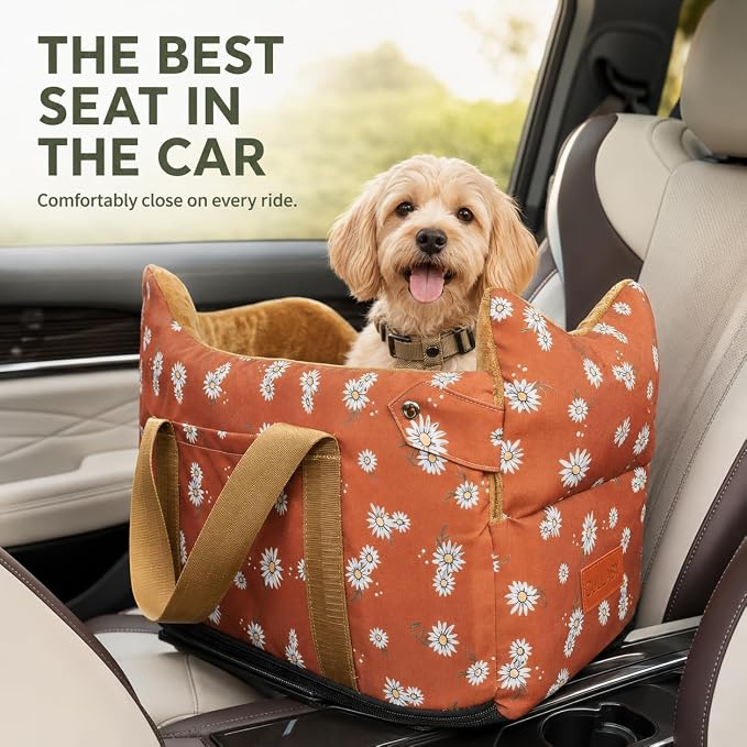 Center Console Dog Car Seat for Small Dogs 1 to 15 lbs,Cofe Color | Pet Travel Booster Seat with Safety Leash, Detachable Seat Belt,Storage Pockets