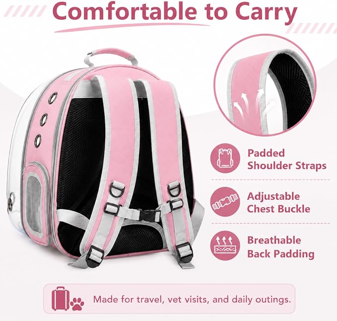 Expandable Cat Carrier Backpack for Cats & Dogs, Bubble Window Pet Travel Backpack with Breathable Mesh, Anti-Collapse Structure, Side Door, Safety Leash, for Vet Visits, Hiking, Outdoor, Pink