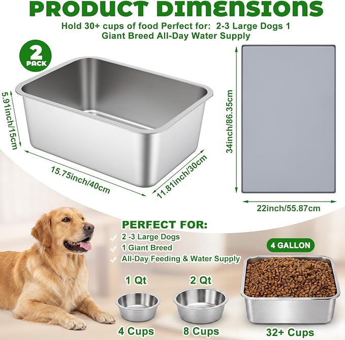 4 Gallon Extra Large Dog Water Bowl, 2 Pack Thickened Stainless Steel Dog Water and Food Bowls with Non Slip Mat, Spill Proof Metal Pet Bowl Set for X-Large Multiple Dogs Indoor Outdoor Use
