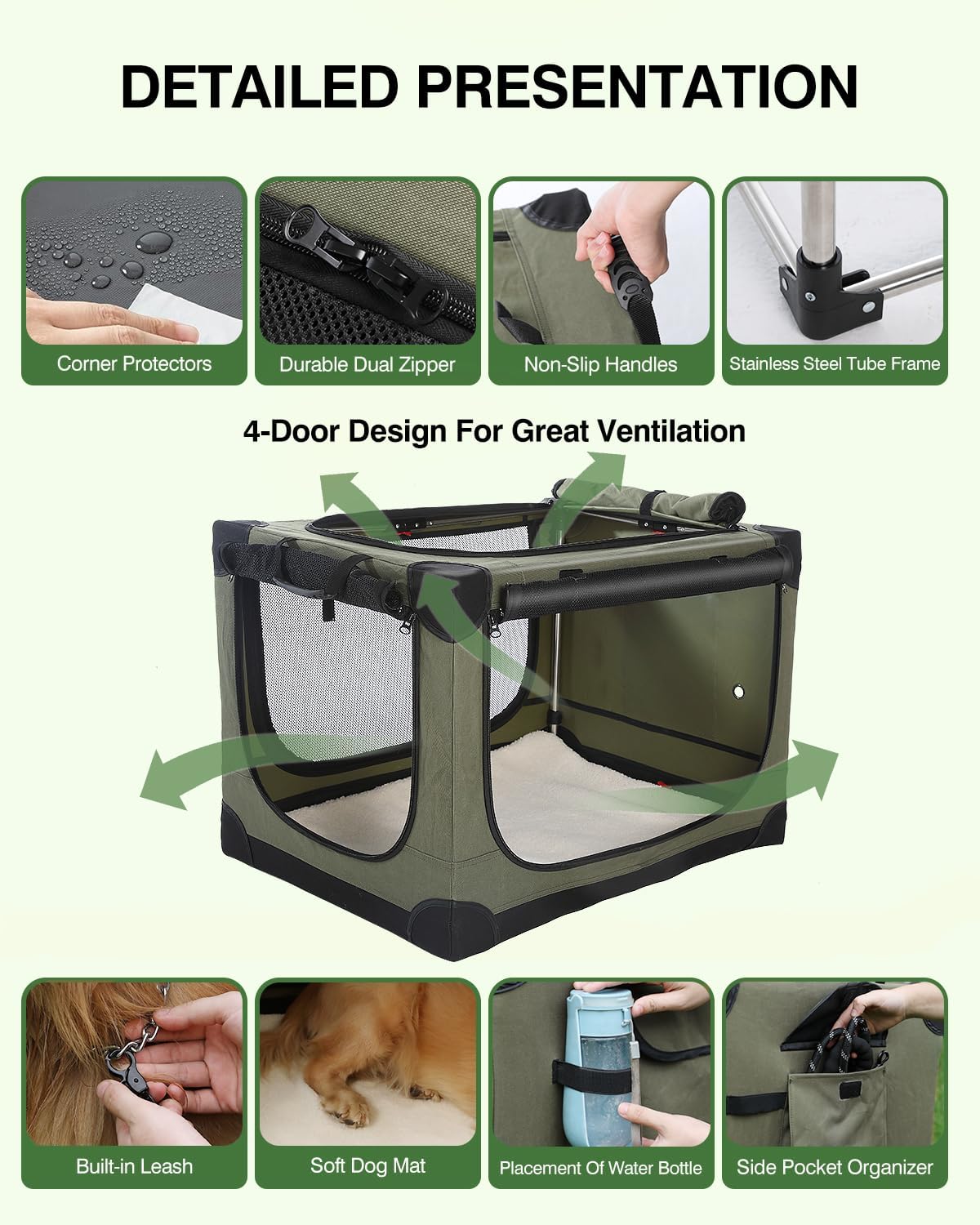 42 Inch Collapsible Travel Dog Crate for Medium Large Dogs, Portable Dog Crate 4-Door Foldable Soft Kennel with Durable Mesh Windows for Indoor & Outdoor Travel, with Storage Bag,Green