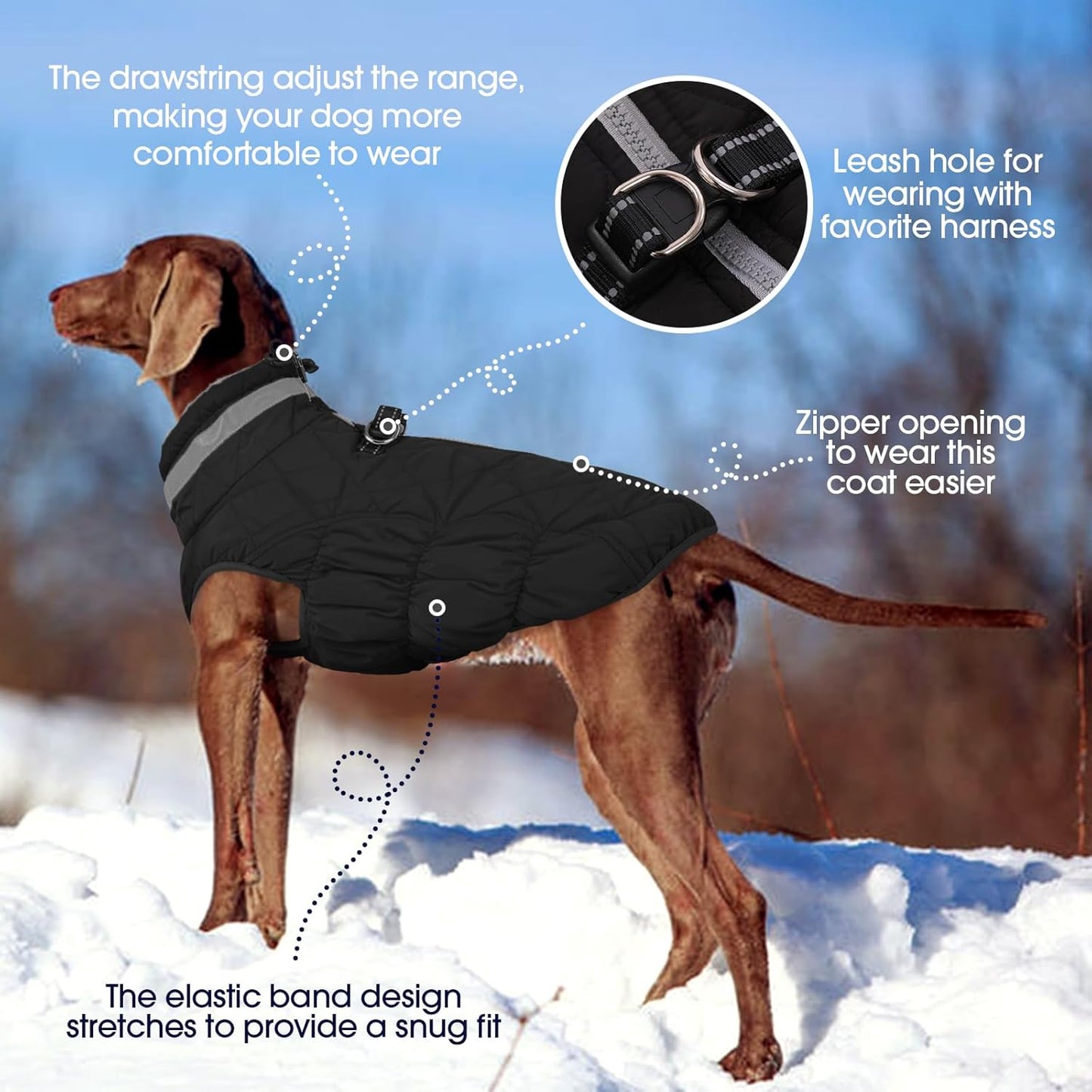 FUAMEY Dog Coat for Large Dogs,Waterproof Dog Winter Jacket with Harness Built in Puppy Cold Weather Coats Reflective Pet Vest with Zipper Warm Fleece Dogs Snowsuit Windproof Solid Black XL