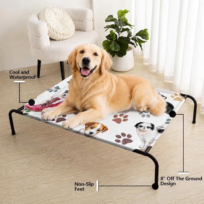 Cartoon Dog Paw Pattern Orthopedic Elevated Dog Pet Bed(35"X25"X8"),with Metal Frame,Printing Breathable Waterproof Dog Kennel,Sleeping Bed for Small Medium Large Dogs Cats,for Home,Outdoor Use