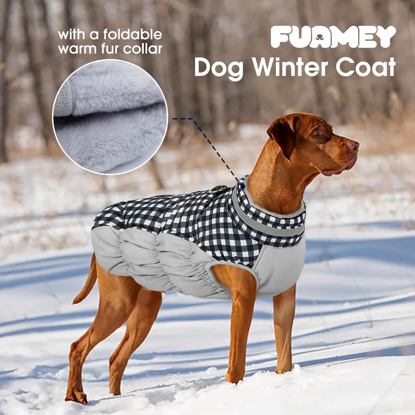 FUAMEY Dog Coat for Large Dogs,Waterproof Dog Winter Jacket with Harness Built in Puppy Cold Weather Coats Reflective Pet Vest with Zipper Warm Fleece Dogs Snowsuit Windproof Checkerboard 3XL