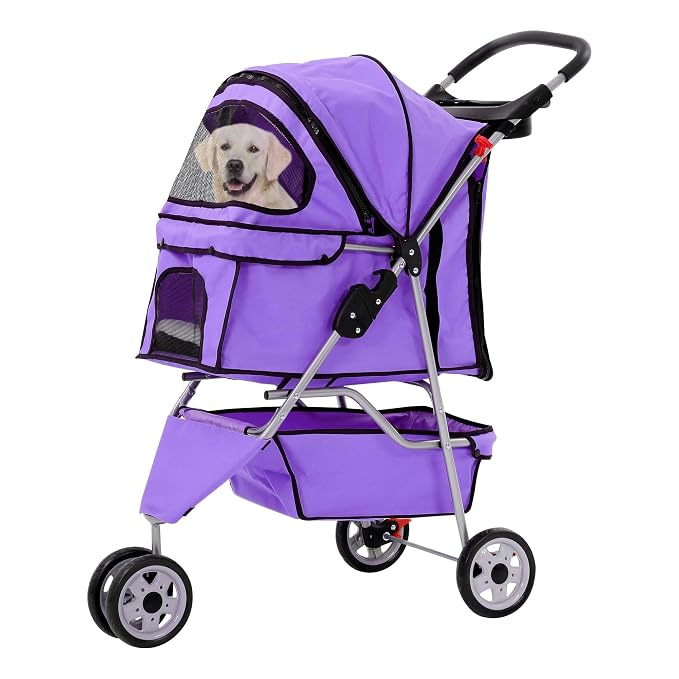 Pet Stroller for Small Medium Dogs & Cats,3-Wheel Breathable Compact Foldable Dog Carrier with Storage Basket, Outdoor Portable Lightweight Travel Stroller for Camping,Purple