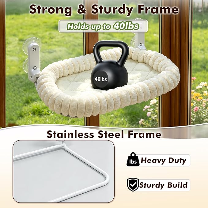 AMOSIJOY Cordless Cat Window Perch, Window Hammock for Cats with 4 Strong Suction Cups, Solid Metal Frame and Cushion Bed Cover, Indoor Cat Bed (L,Stripe)