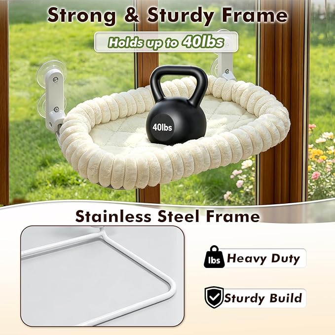AMOSIJOY Cordless Cat Window Perch, Window Hammock for Cats with 4 Strong Suction Cups, Solid Metal Frame and Cushion Bed Cover, Indoor Cat Bed (XL,Stripe)