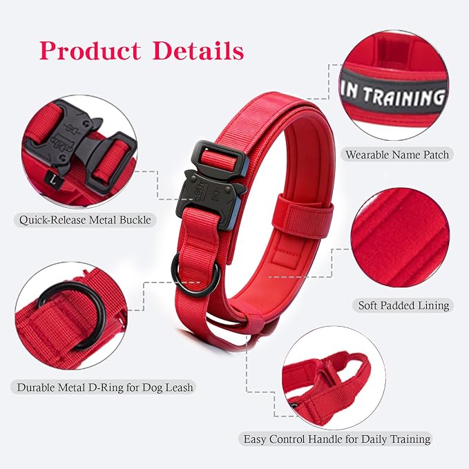 Tactical Dog Collar for Large Dogs with Control Handle,Red,M | 1000D Heavy-Duty Nylon Fabric,Quick-Release Metal Buckle,Adjustable Fit,Soft-Padded Webbing,D-Ring,for Training & Hiking