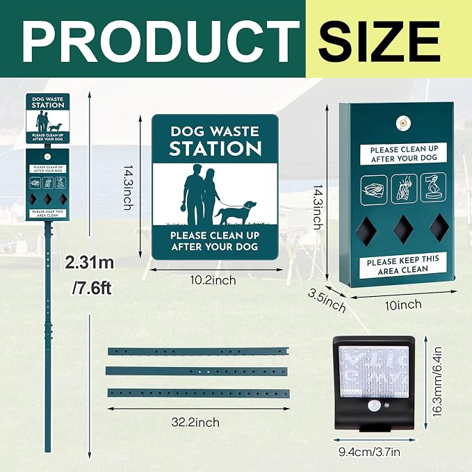 Tujoe Dog Waste Station with Solar Panels Outdoor Light Up at Night,Galvanized Steel Dog Trash Bin Dispenser,Rust Proof LED Pet Station for Commercial Park Backyard(Without Trash Bin)