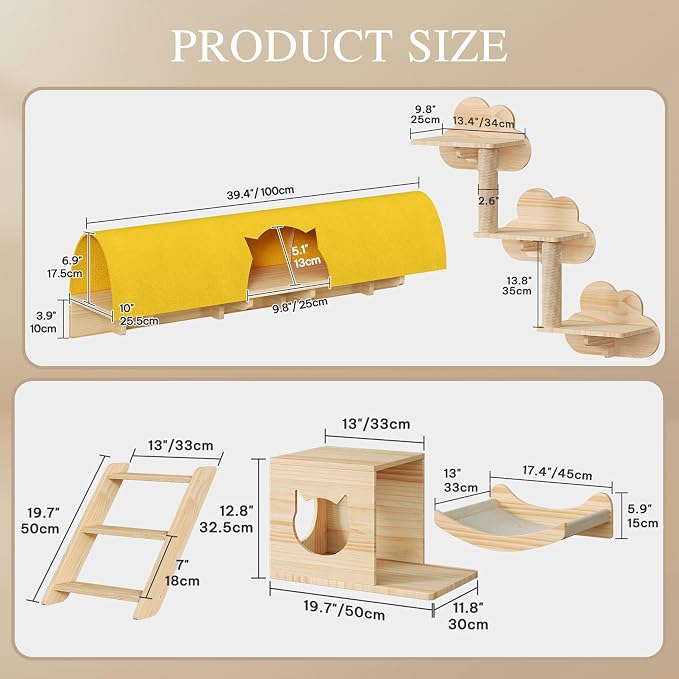 Cloud Cat Wall Shelves, 12-in-1 Wall Mounted Cat Shelf w/Tunnel | Solid Wood Floating Shelves for Indoor Large Cats, Multi-Level Cat Climbing Wall Systems with Scratching Post, Space Saving