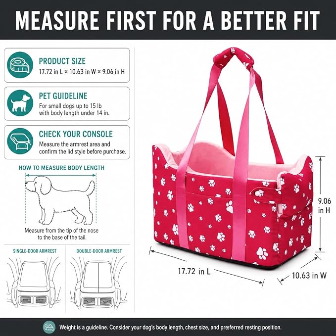 Center Console Dog Car Seat for Small Dogs Under 15 lbs - Detachable Washable Carrier with Safety Belt & Storage Pockets, Pink
