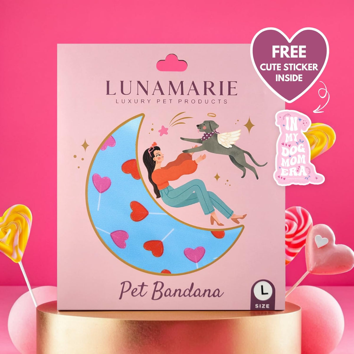 LunaMarie - Luxury Pet Birthday Bandanas -Premium & Silky Poly Fabric | 100% Handmade | Custom Shape Dual Layered (LoviePop, Medium)