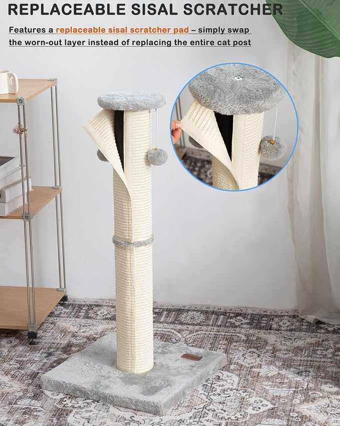 34" Cat Scratching Post 34 with Replaceable Sisal Scratcher | Tall Cat Scratch Post for Indoor Cats adults, Sturdy and Durable Large Scratching Post, Vertical Cat Post with Hanging Balls