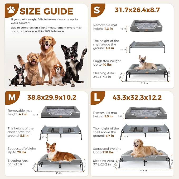 Lekereise Outdoor Elevated Dog Beds for Small Dogs, Portable Indoor & Outdoor Cooling Raised Cot Pet Hammock Bed with Skid-Resistant Feet, Frame with Breathable Mesh