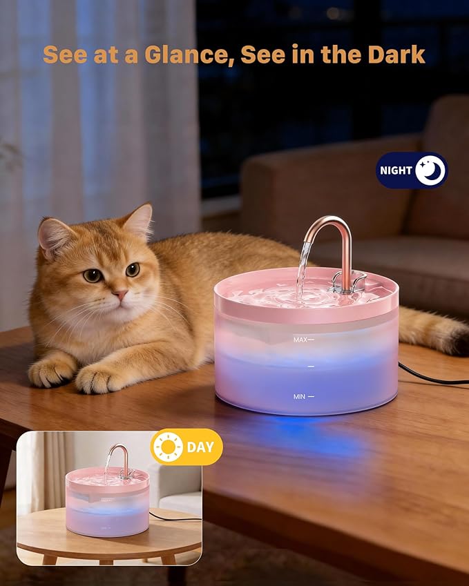 Cat Water Fountain for Cats Indoor: 67oz/2L GIOTOHUN Cat Fountain - Silent Pet Water Fountain for Drinking - Pink Cat Drinking Founttain - Faucet Pet Fountain - Contains 6 Filters + 3 Sponges
