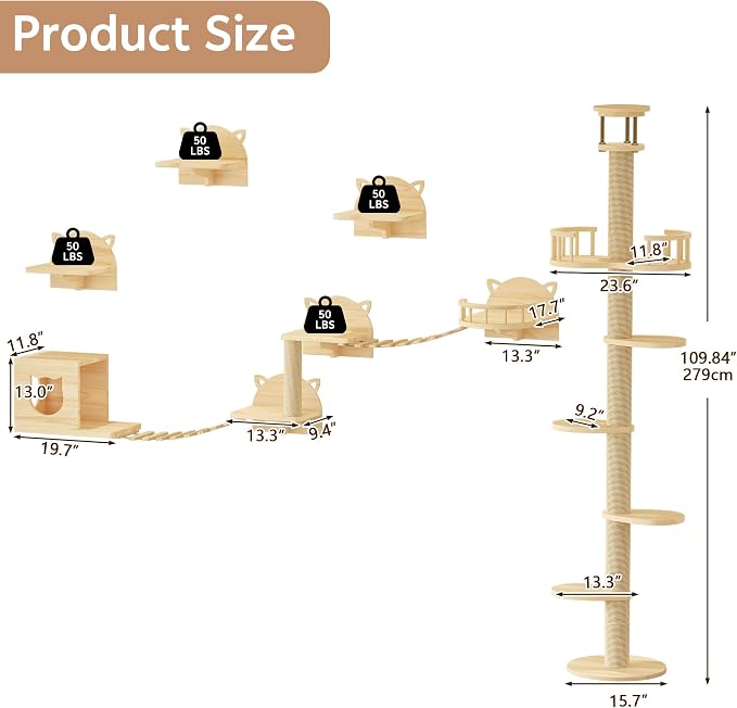 Wood Cat Climbing Furniture Set with Floor to Ceiling Cat Tree | 6 Tier Cat Tower Adjustable Height (95-110in) and Wall Mounted Cat Shelves, with Cat Scratching Post, House, Condo, Burlywood