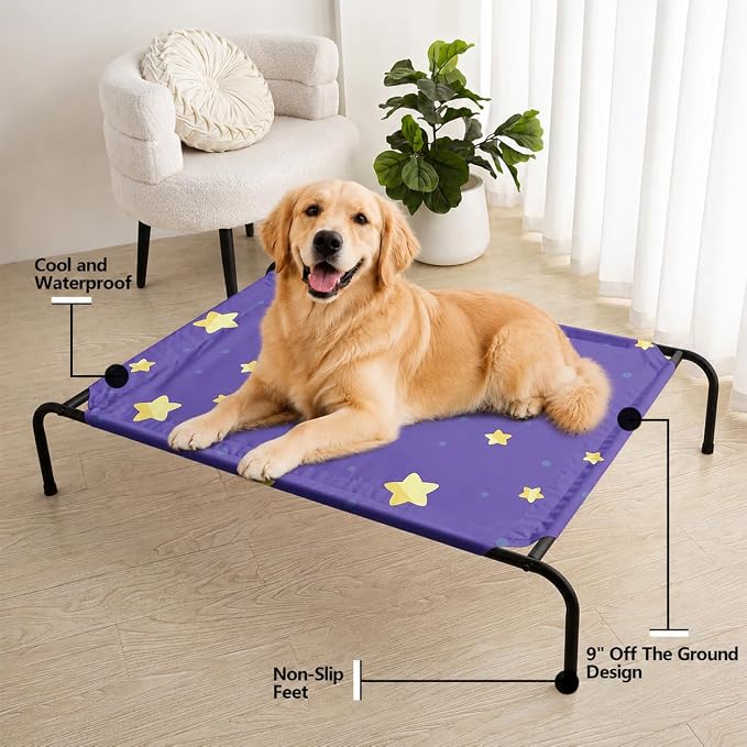 Deep Blue Gold Star Orthopedic Elevated Dog Pet Bed(47"X31"X9"),with Metal Frame,Printing Breathable Waterproof Dog Kennel,Sleeping Bed Set for Small Medium Large Dogs Cats,for Home,Outdoor Use