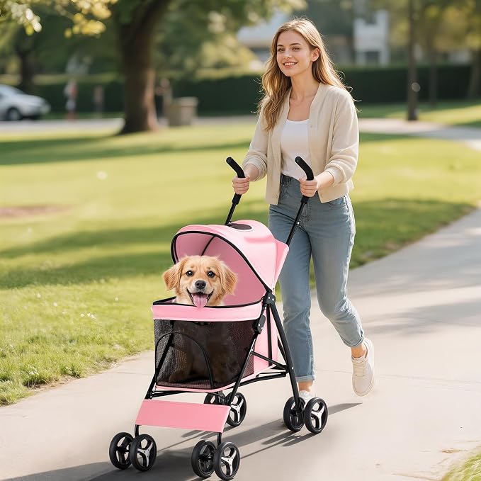 Dog Stroller for Small Dogs 10 lbs -22lbs Puppy Stroller Medium Dog Wagon Small Pet Stroller for Cats, Cat Strollers for 2 Cats, Rear Storage, Pink